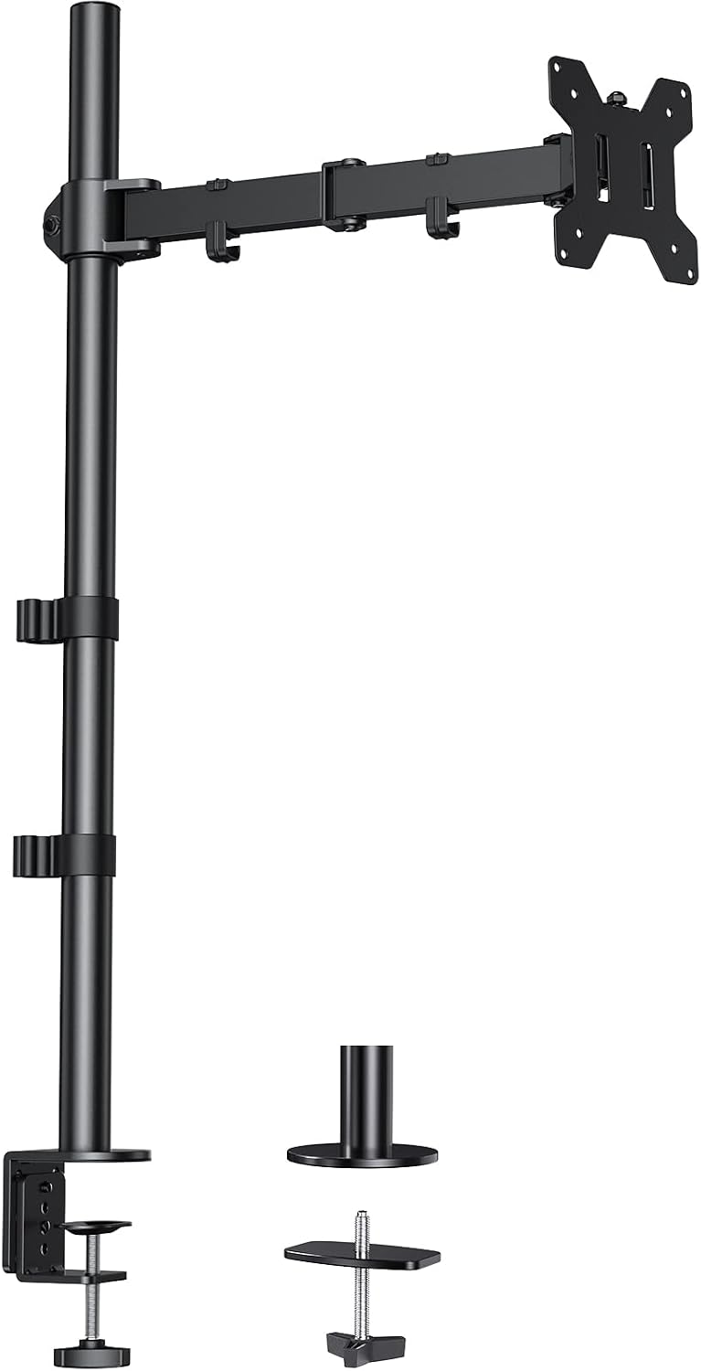 HUANUO Tall Monitor Arm Desk Mount, Adjustable Single Monitor Stand for 13-32" Screen, Ultra Wide Screen to 38 inch, Extra Tall VESA Mount Holds up to 10kg with C Clamp/Grommet Base