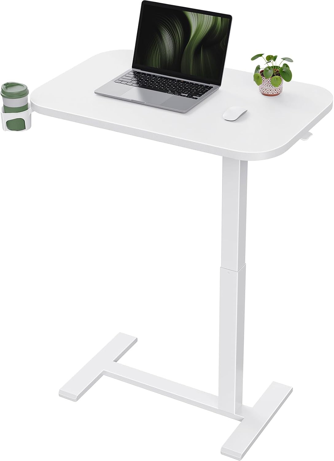 Marsail 28×16″ Overbed Table with Hidden Wheels, Pneumatic Adjustable Bedside Table, Mobile Rolling Table with 360° Hideable Cup Holder, White