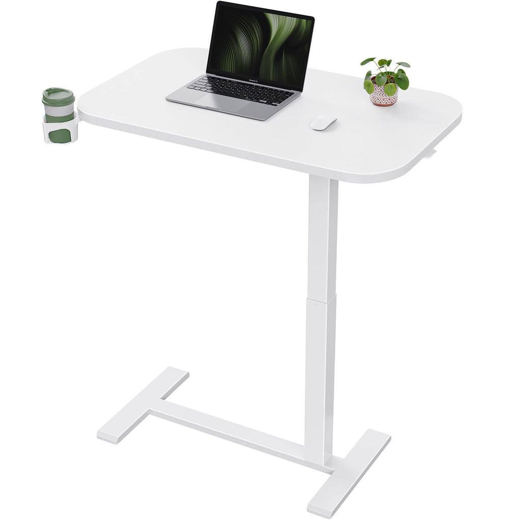 Marsail 28×16″ Overbed Table with Hidden Wheels, Pneumatic Adjustable Bedside Table, Mobile Rolling Table with 360° Hideable Cup Holder, White