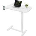 Marsail 28×16″ Overbed Table with Hidden Wheels, Pneumatic Adjustable Bedside Table, Mobile Rolling Table with 360° Hideable Cup Holder, White