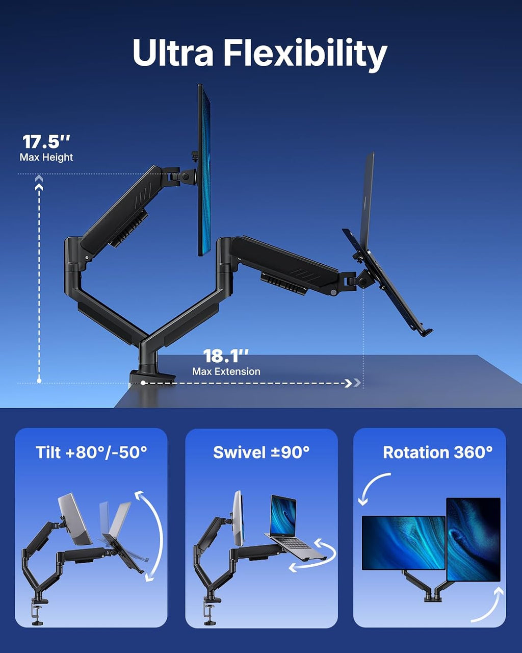 HUANUO Dual Monitor Arm with Laptop Tray, 13-32" Monitor, 17" Laptops