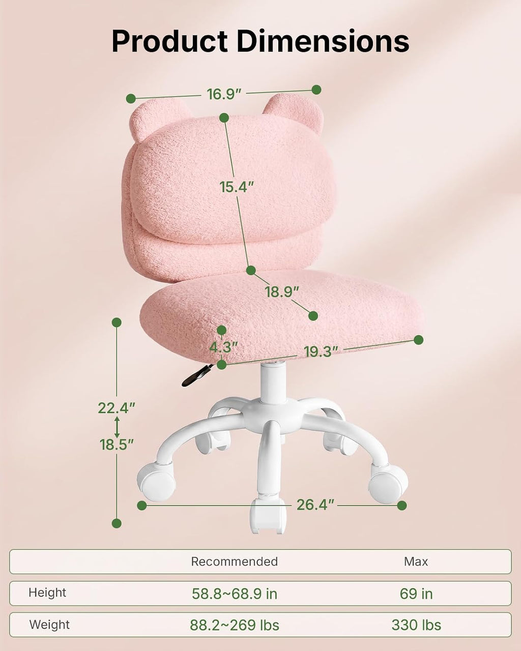Marsail Teddy Fabric Dressing Chair, Armless Office Chair, Pink