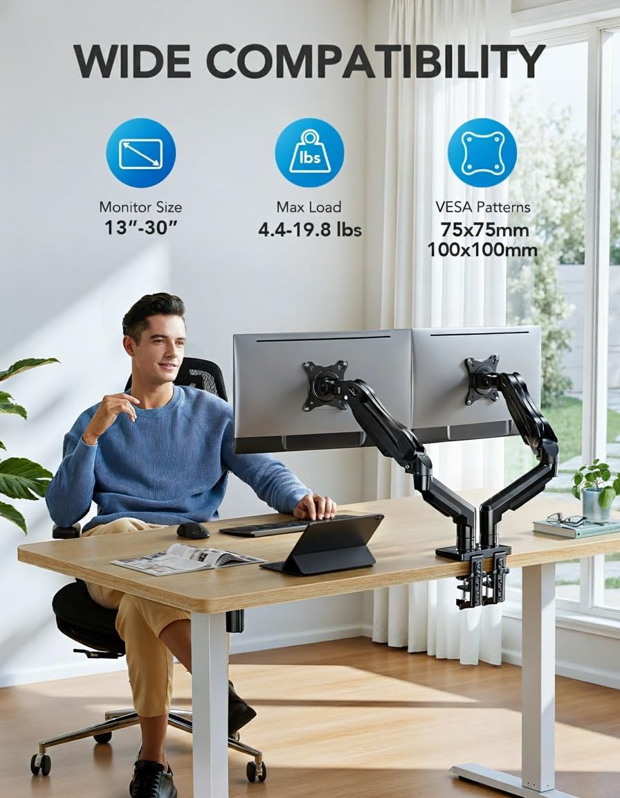 HUANUO FlowLift™ Dual Monitor Stand, Fully Adjustable Gaming Monitor Desk Mount for 13–30″ Computer Screens, Full Motion VESA 75x75/100x100 with C-Clamp & Grommet Base, Each Arm Holds 4.4 to 19.8 lbs