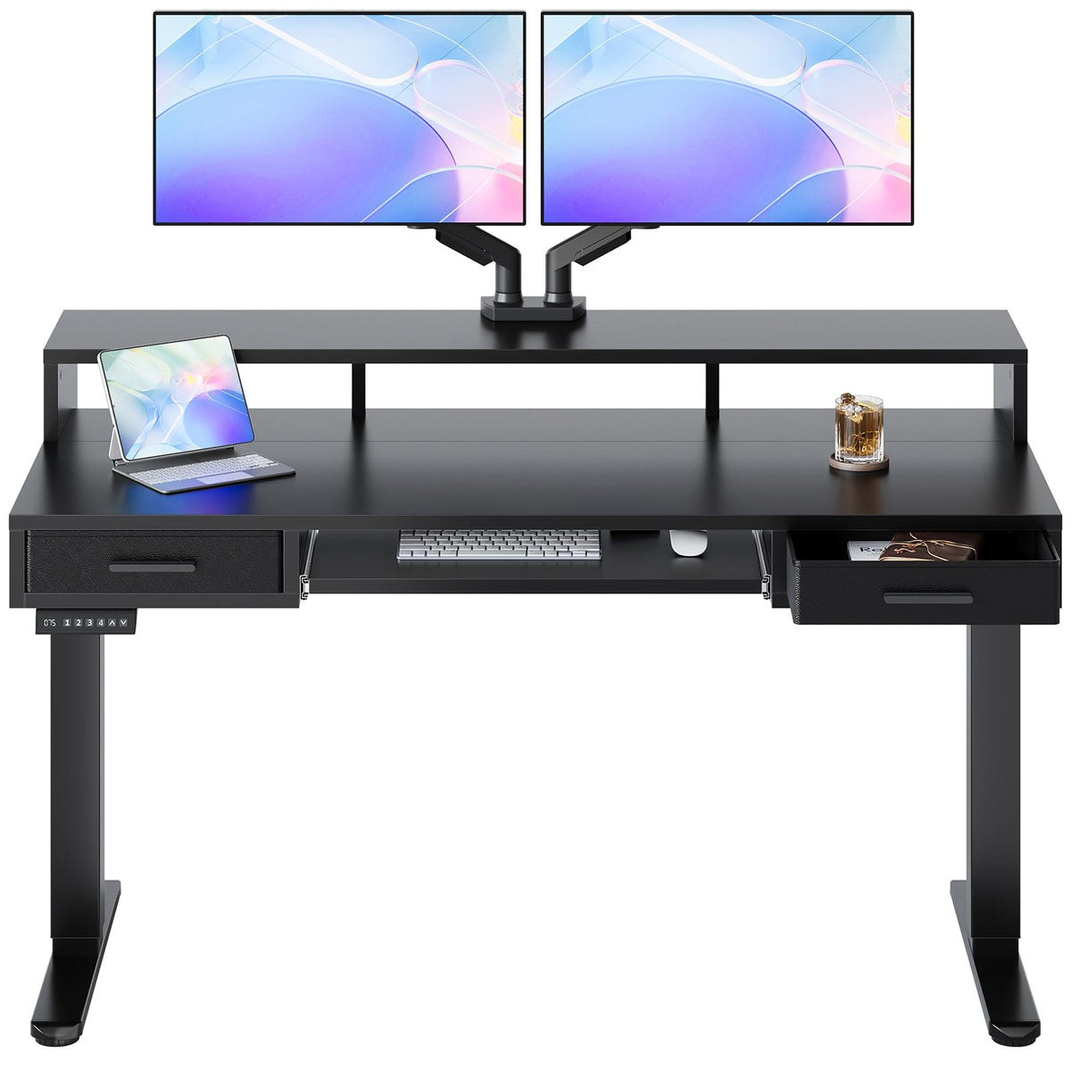 HUANUO 48″ X 26″ Electric Standing Desk with 2 Drawers &24.4″ Large Keyboard Tray, C-Clamp Mount Compatible, Adjustable Computer Desk for Office, Sit Stand Up Desk with 4 Height Presets, Black