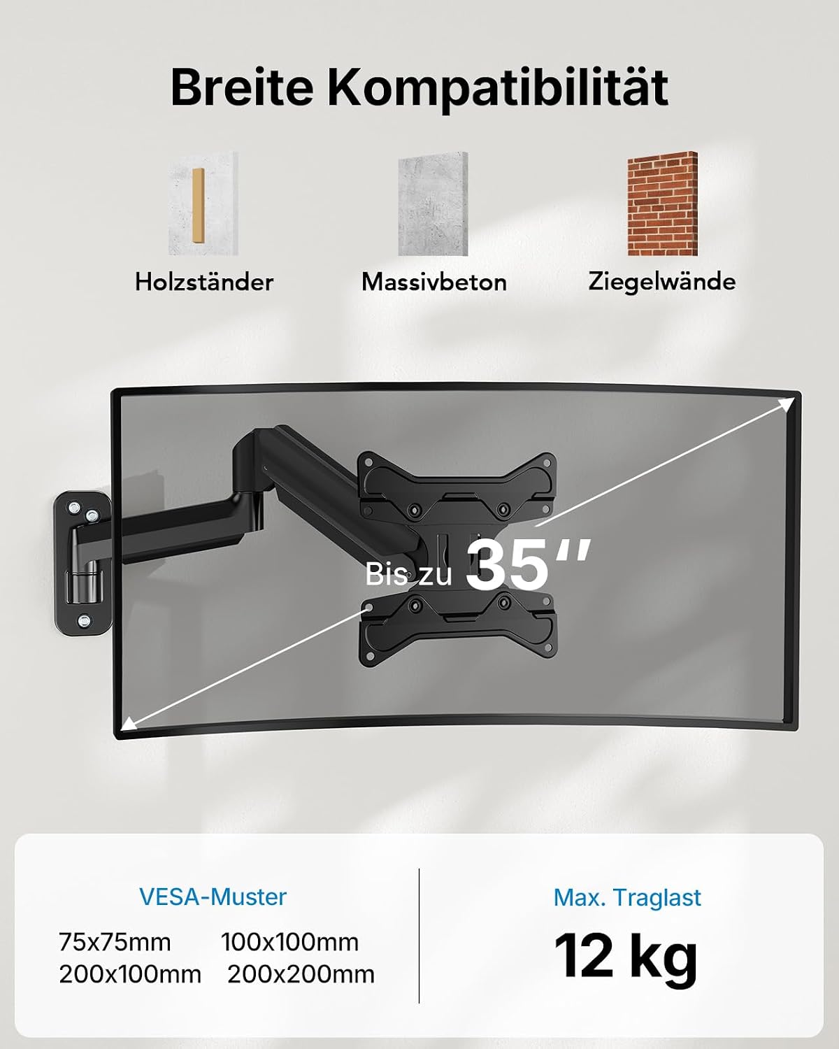 HUANUO Monitor Wandhalterung für 17-35 Zoll, 12kg, VESA 75/100/200mm