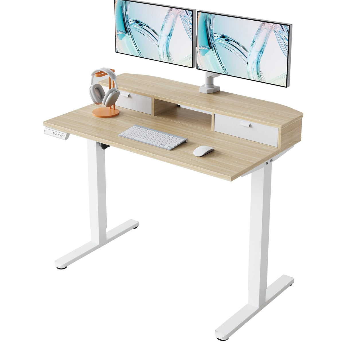 HUANUO 40 x 24 inch Small Electric Standing Desk with 2 Drawers, C-Clamp Mount Compatible, Height Adjustable Sit Stand Desk, Home Office Stand Up Desk with 4 Memory Height Settings, Walnut