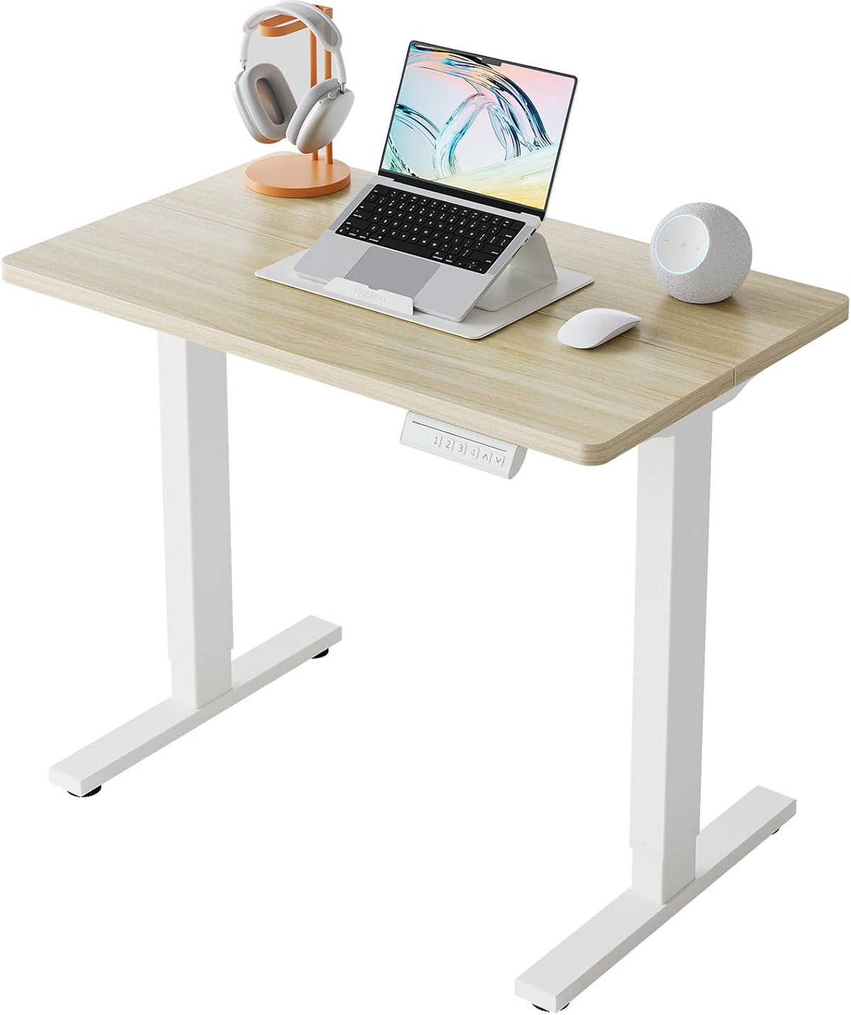HUANUO 32x19 Inch Small Electric Standing Desk, Adjustable, Light Walnut