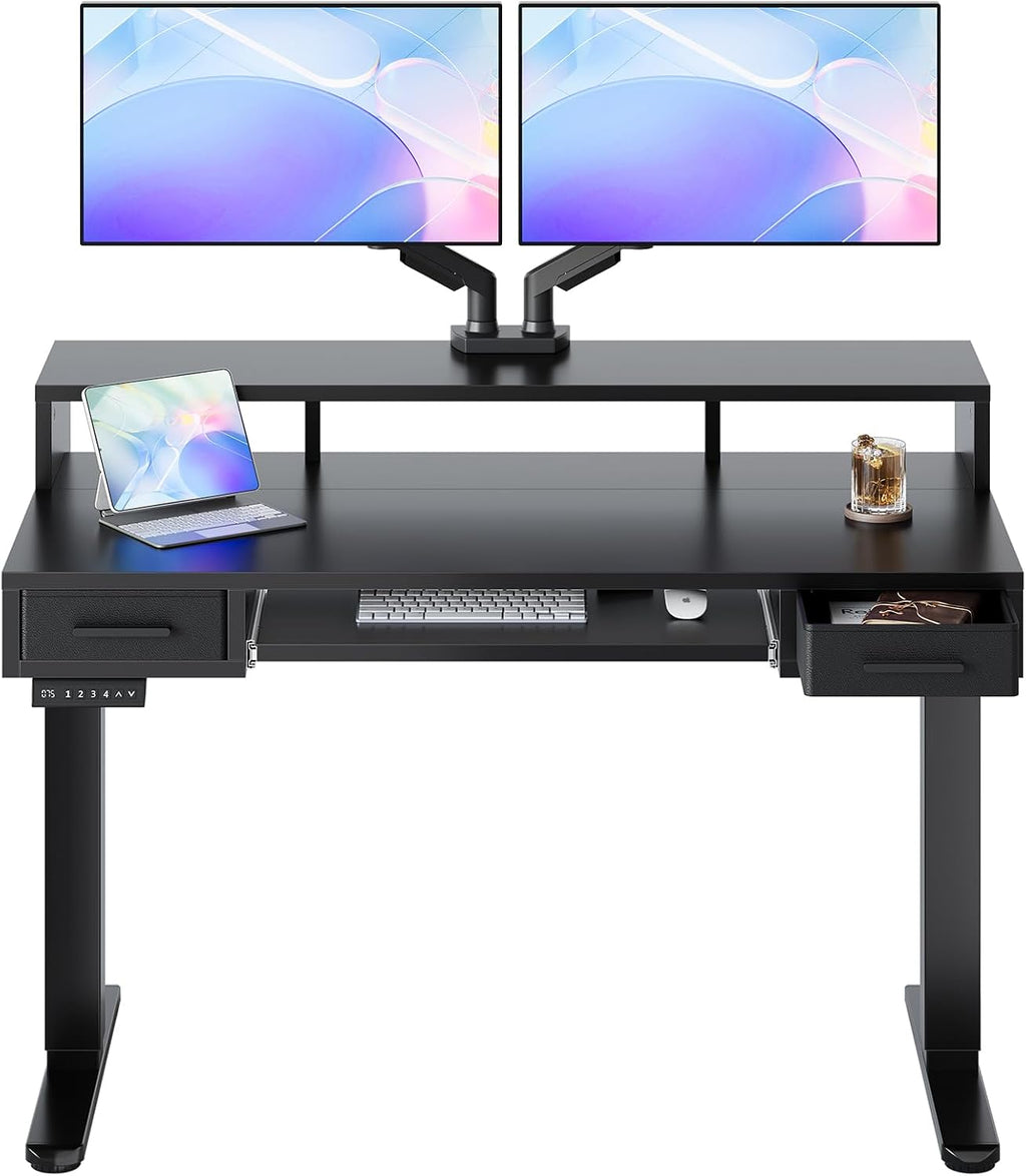 HUANUO 48″ X 26″ Electric Standing Desk with 2 Drawers &24.4″ Large Keyboard Tray, C-Clamp Mount Compatible, Adjustable Computer Desk for Office, Sit Stand Up Desk with 4 Height Presets, Black