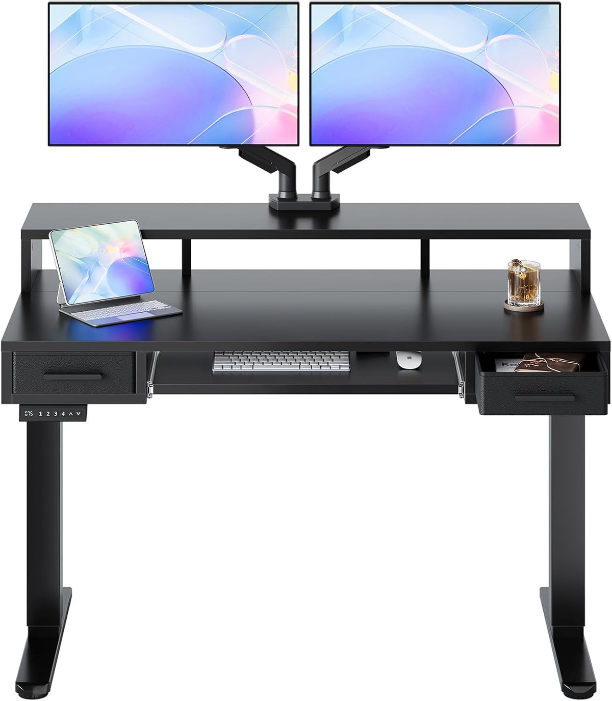 HUANUO 48″ X 26″ Electric Standing Desk with 2 Drawers &24.4″ Large Keyboard Tray, C-Clamp Mount Compatible, Adjustable Computer Desk for Office, Sit Stand Up Desk with 4 Height Presets, Black