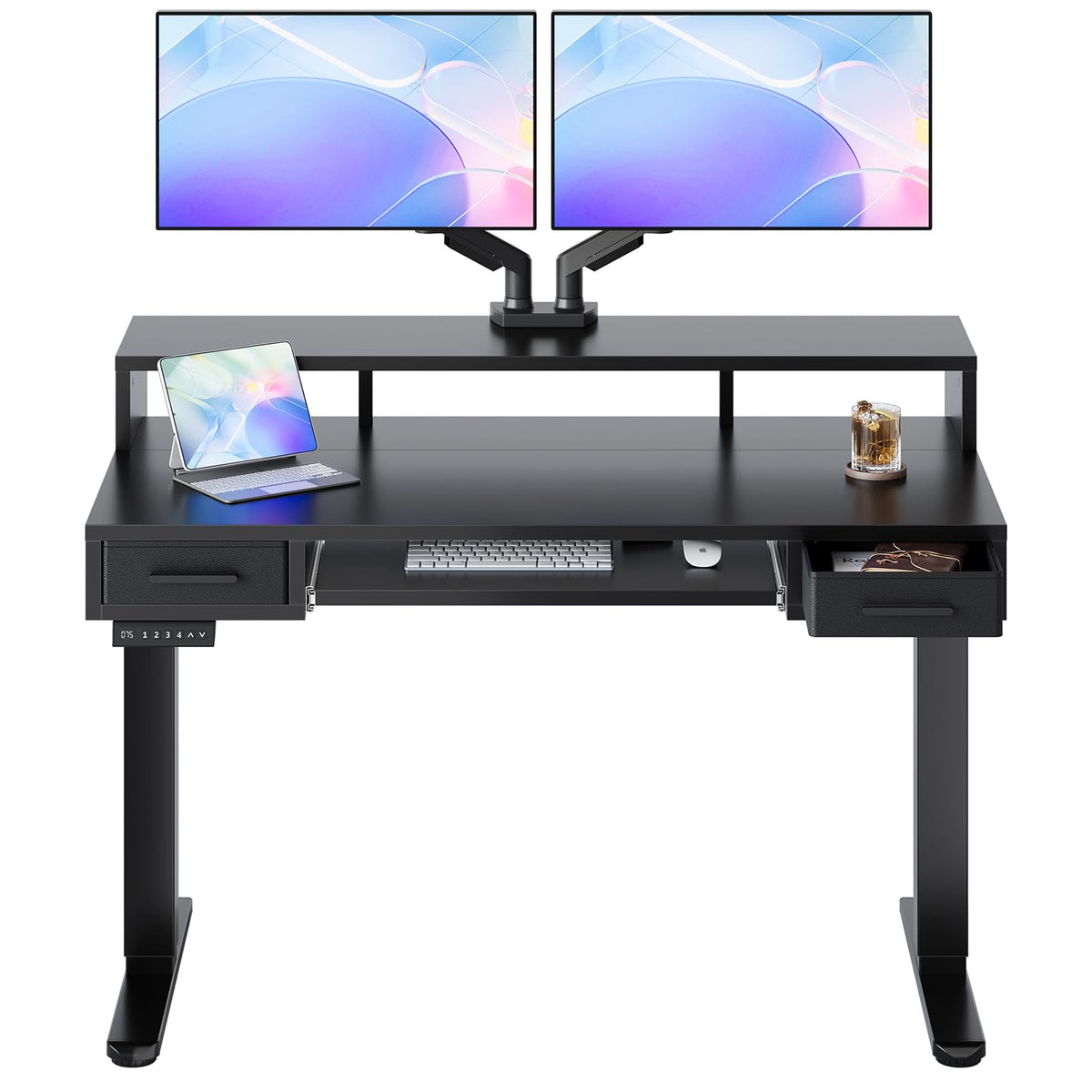 HUANUO 48″ x 26″ Electric Standing Desk with 2 Drawers &24.4″ Large Keyboard Tray, C-Clamp Mount Compatible, Adjustable Computer Desk for Office, Sit Stand Up Desk with 4 Height Presets, Light Walnut