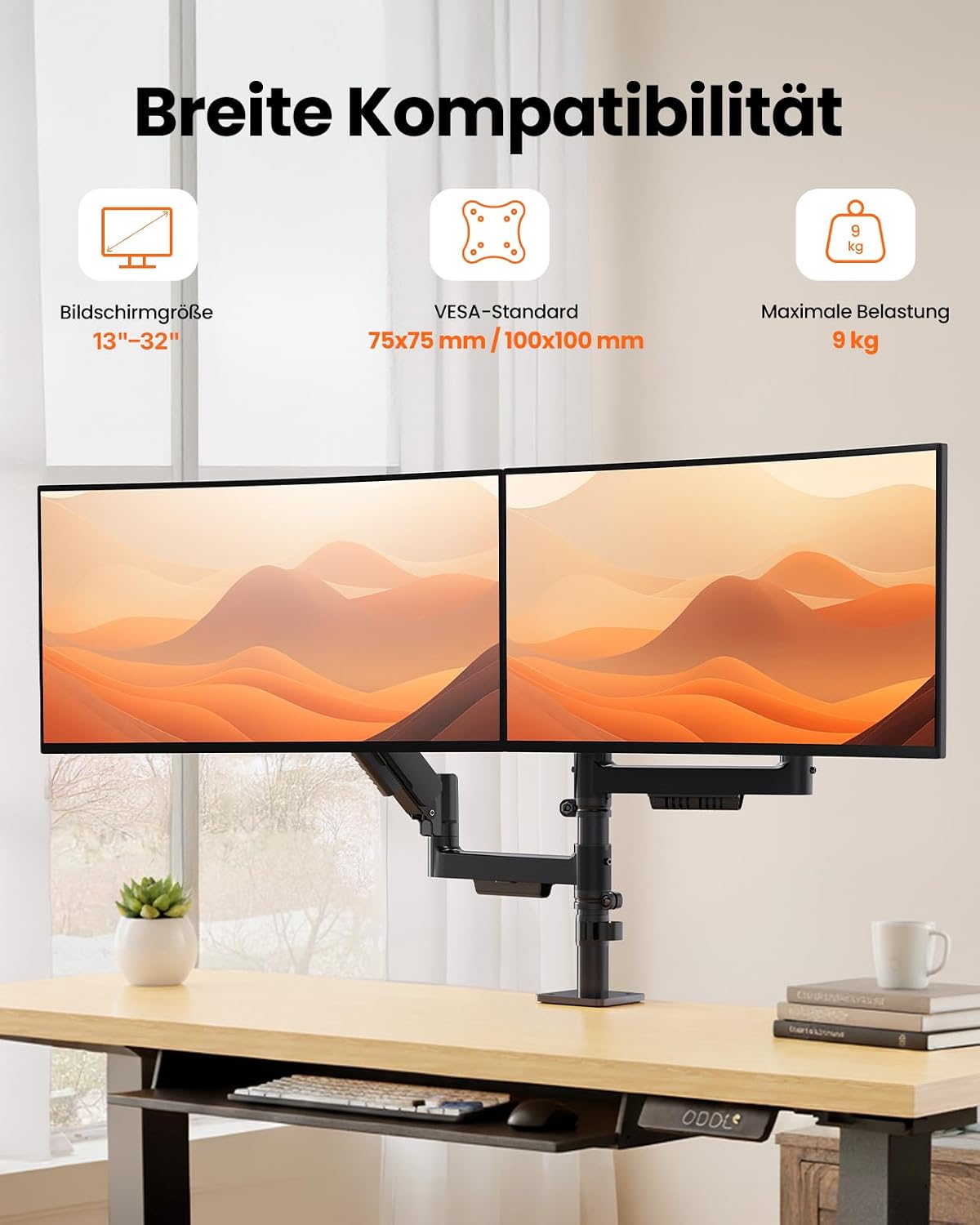 ErGear Monitor Halterung 2 Monitore für 13″-32″, vertikale Dual Monitor Arm Bildschirm 9kg, erhöht Stabilität mit integriert C-Klemme, verbessert Kabelmanagement, VESA 75x75/100x100mm, schwarz