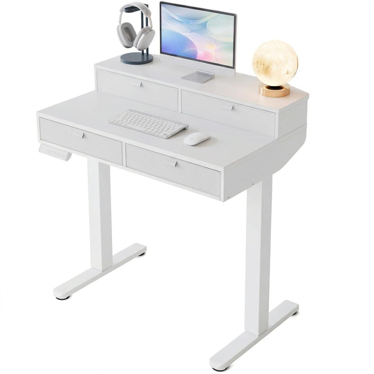 HUANUO 32 X 20 inch Electric Standing Desk with 4 Drawers, Adjustable Height Sit Stand Home Office Desk, C-Clamp Mount Compatible, Ergonomic Stand up Desk with 4 Preset Heights, Walnut