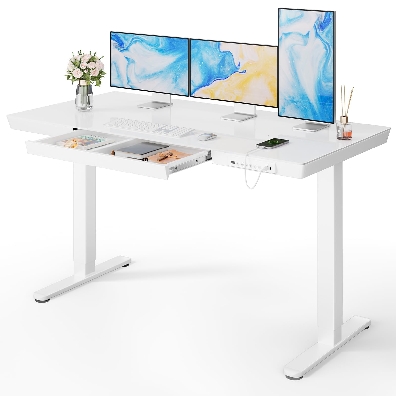 Marsail Glass Standing Desk with Drawer, 48 x 24 inch Electric Standing Desk, Height Adjustable Desk with One-Piece Tabletop & USB Charging Ports, Sit Stand Desk with Storage for Home & Office White
