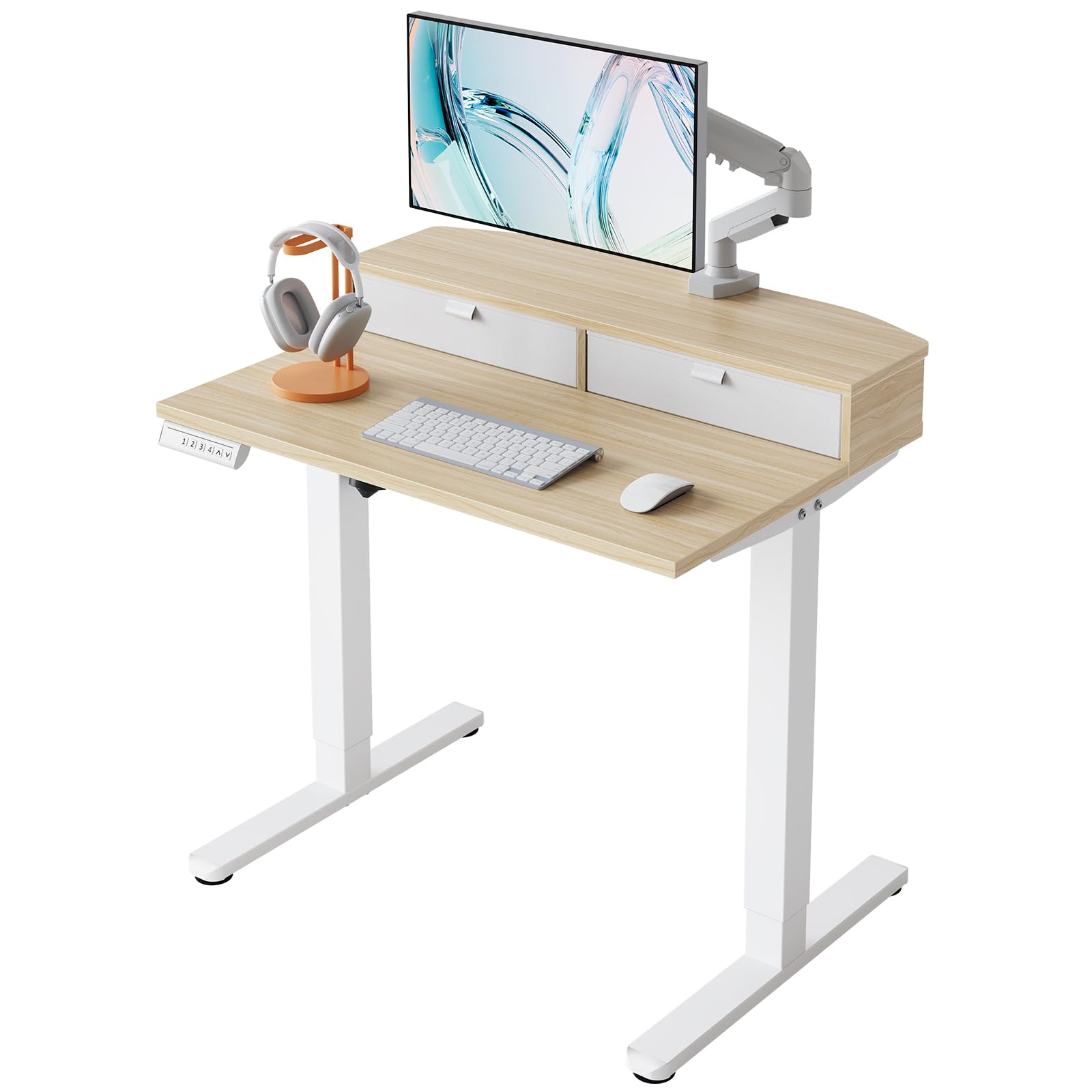 HUANUO 32 x 21 inch Small Electric Standing Desk with 2 Drawers, C-Clamp Mount Compatible, Height Adjustable Sit Stand Desk, Home Office Stand Up Desk with 4 Memory Height Settings, Walnut