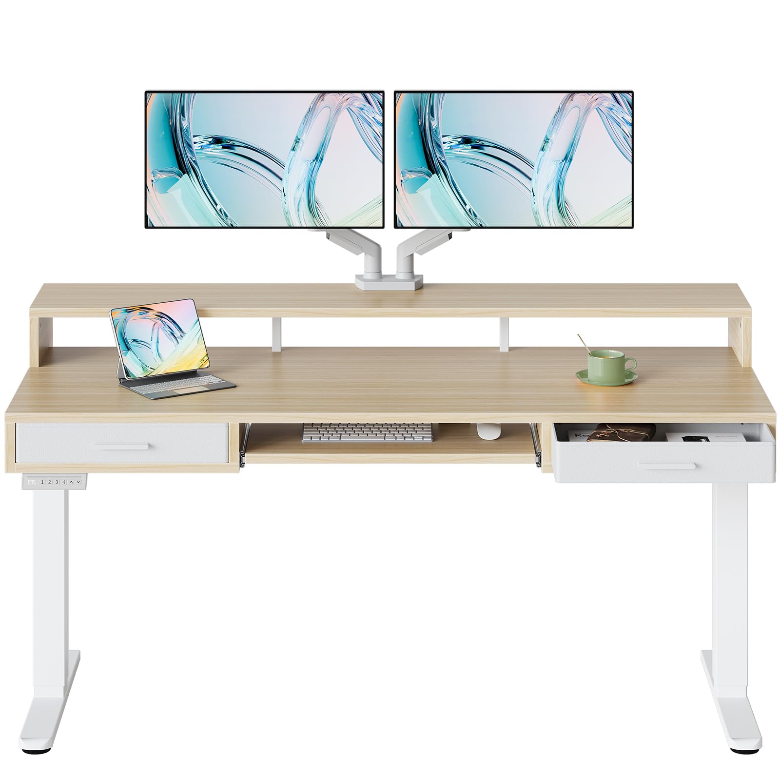 HUANUO 48″ X 26″ Electric Standing Desk with 2 Drawers &24.4″ Large Keyboard Tray, C-Clamp Mount Compatible, Adjustable Computer Desk for Office, Sit Stand Up Desk with 4 Height Presets, Black