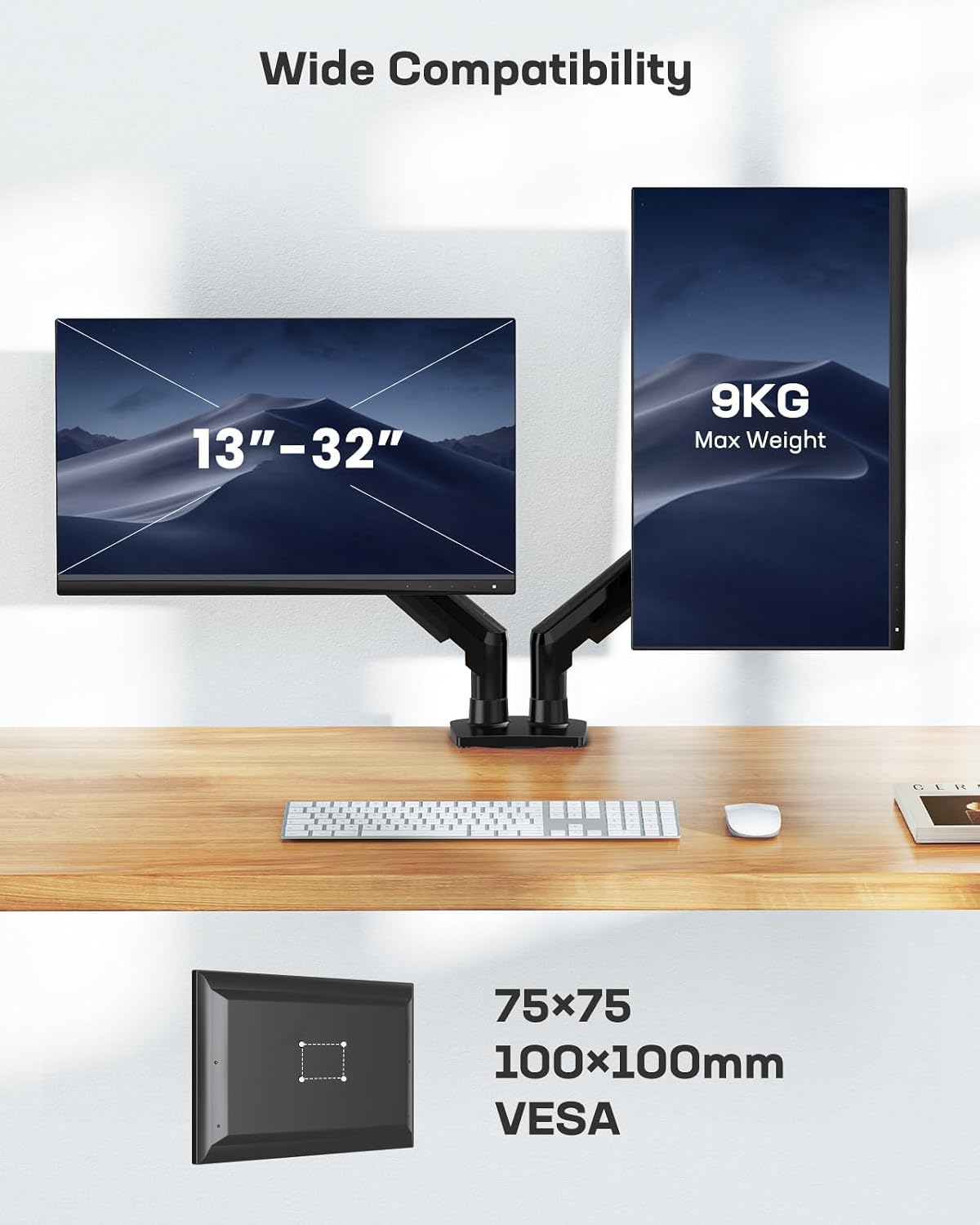 HUANUO Dual Monitor Stand for 13 to 32 Inch Screens, Dual Gaming Monitor Arm Desk Mount for Curved Flat Screens, Double Screen Arm Support VESA 75 & 100 mm