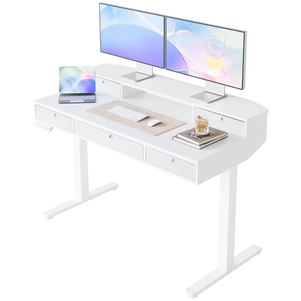 HUANUO 32 X 20 inch Electric Standing Desk with 4 Drawers, Adjustable Height Sit Stand Home Office Desk, C-Clamp Mount Compatible, Ergonomic Stand up Desk with 4 Preset Heights, Walnut