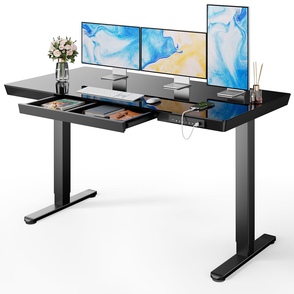 Marsail Glass Standing Desk with Drawer, 47.24 inch Electric Standing Desk, Height Adjustable Desk with One-Piece Tabletop & USB Charging Ports, Sit Stand Desk with Storage for Home & Office White