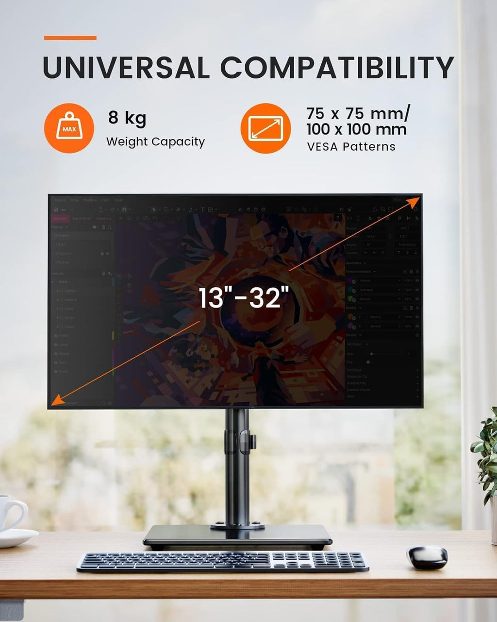 ErGear Monitor Halterung für 13-32 Zoll Plat/Curved Bildschirm, monitor ständer mount mit Gehärteter Glassockel, Monitorständer Höhenverstellbar mit Neigung ±45° Schwenken ±45° Drehen 360° VESA 75/100
