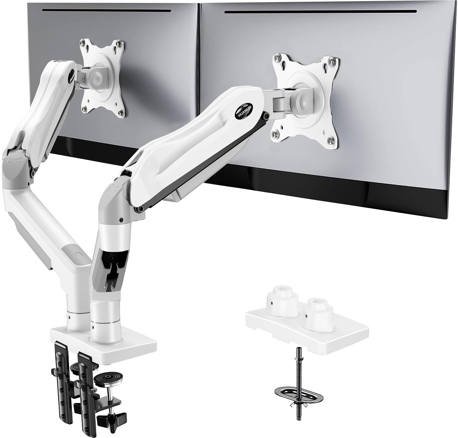 HUANUO FlowLift™ Dual Monitor Stand, Fully Adjustable Gaming Monitor Desk Mount for 13–30″ Computer Screens, Full Motion VESA 75x75/100x100 with C-Clamp & Grommet Base, Each Arm Holds 4.4 to 19.8 lbs