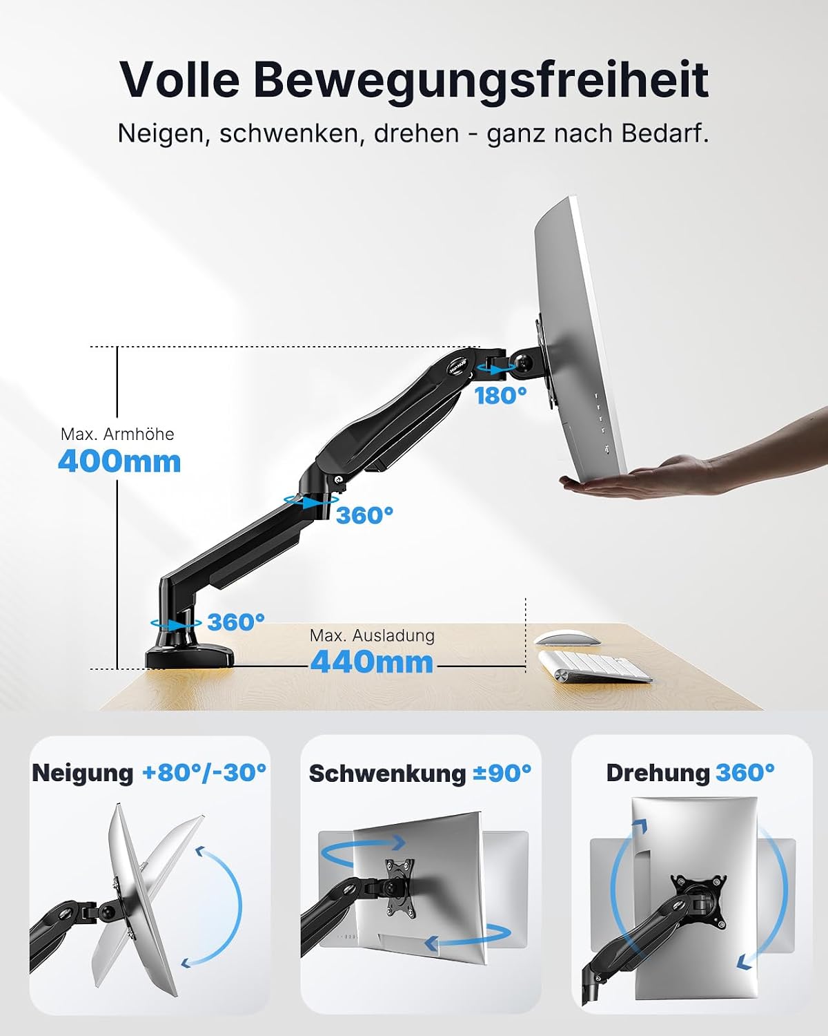 HUANUO Monitor Halterung für 13 bis 32 Zoll Bildschirme, Einzelner Monitorarm Ständer Hält 2~9 kg, Höhenverstellbare mit Neigungen, Schwenken, Dreht, VESA 75 & 100 mm