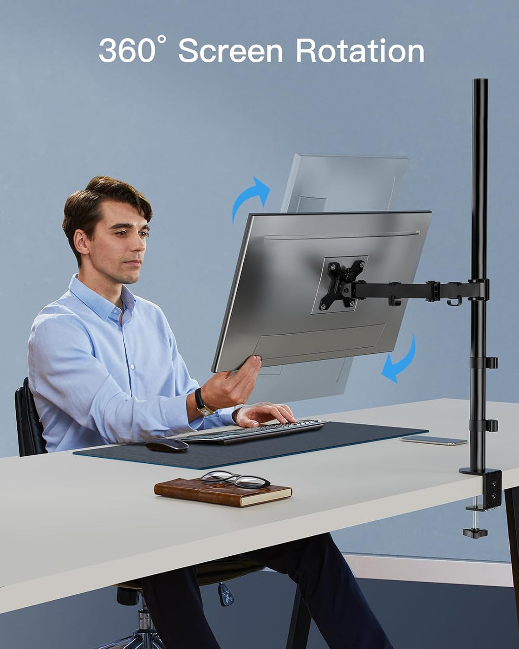 HUANUO Tall Monitor Arm Desk Mount, Adjustable Single Monitor Stand for 13-32" Screen, Ultra Wide Screen to 38 inch, Extra Tall VESA Mount Holds up to 10kg with C Clamp/Grommet Base
