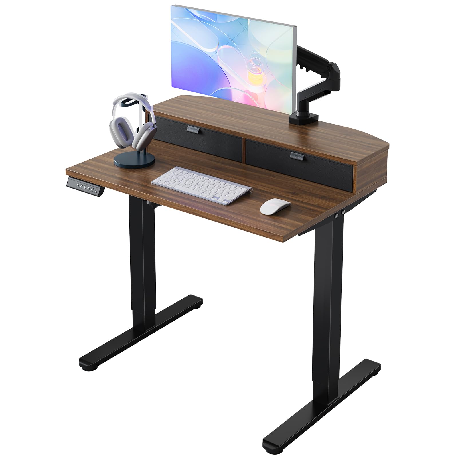 HUANUO 40 x 24 inch Small Electric Standing Desk with 2 Drawers, C-Clamp Mount Compatible, Height Adjustable Sit Stand Desk, Home Office Stand Up Desk with 4 Memory Height Settings, Walnut