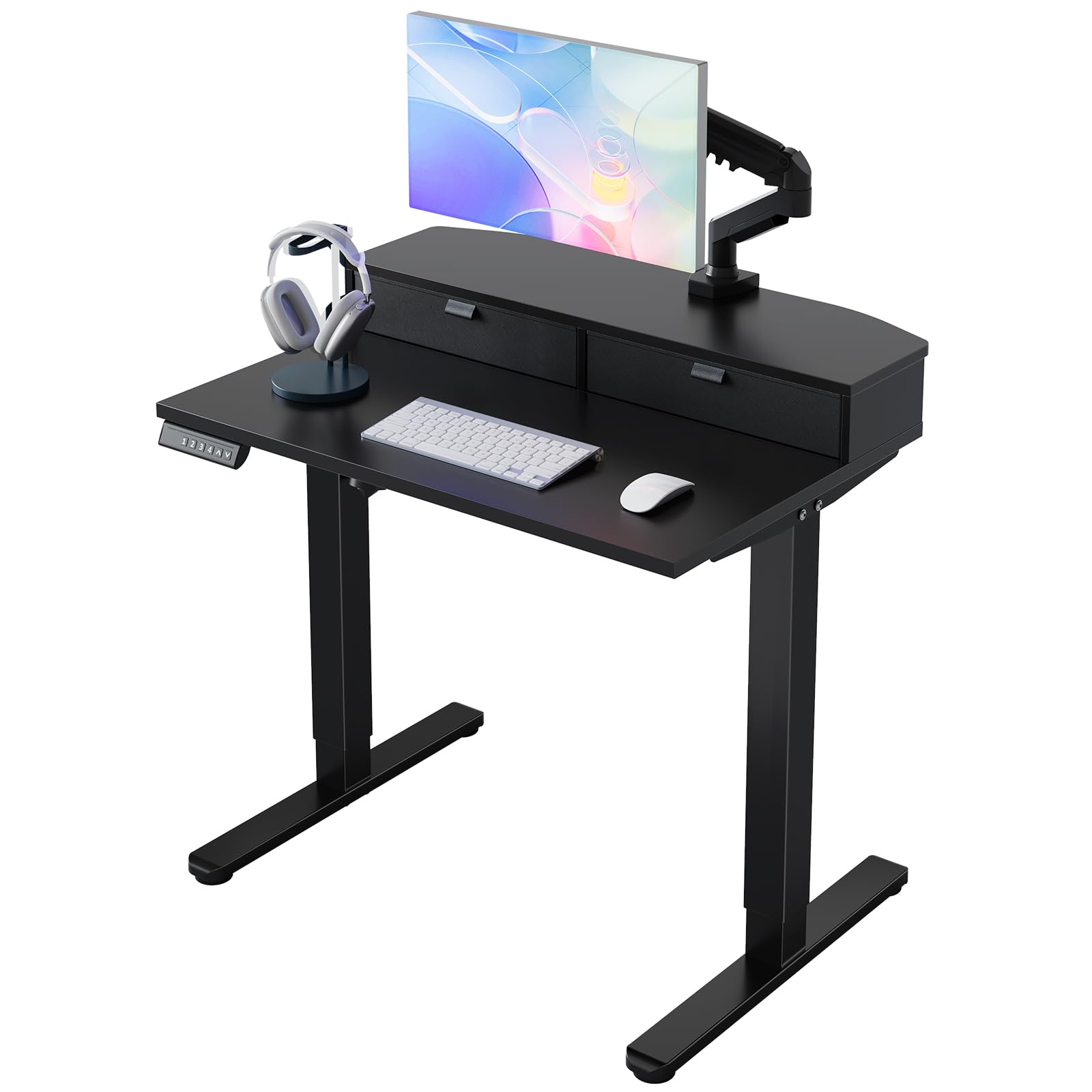 HUANUO 40 x 24 inch Small Electric Standing Desk with 2 Drawers, C-Clamp Mount Compatible, Height Adjustable Sit Stand Desk, Home Office Stand Up Desk with 4 Memory Height Settings, Walnut