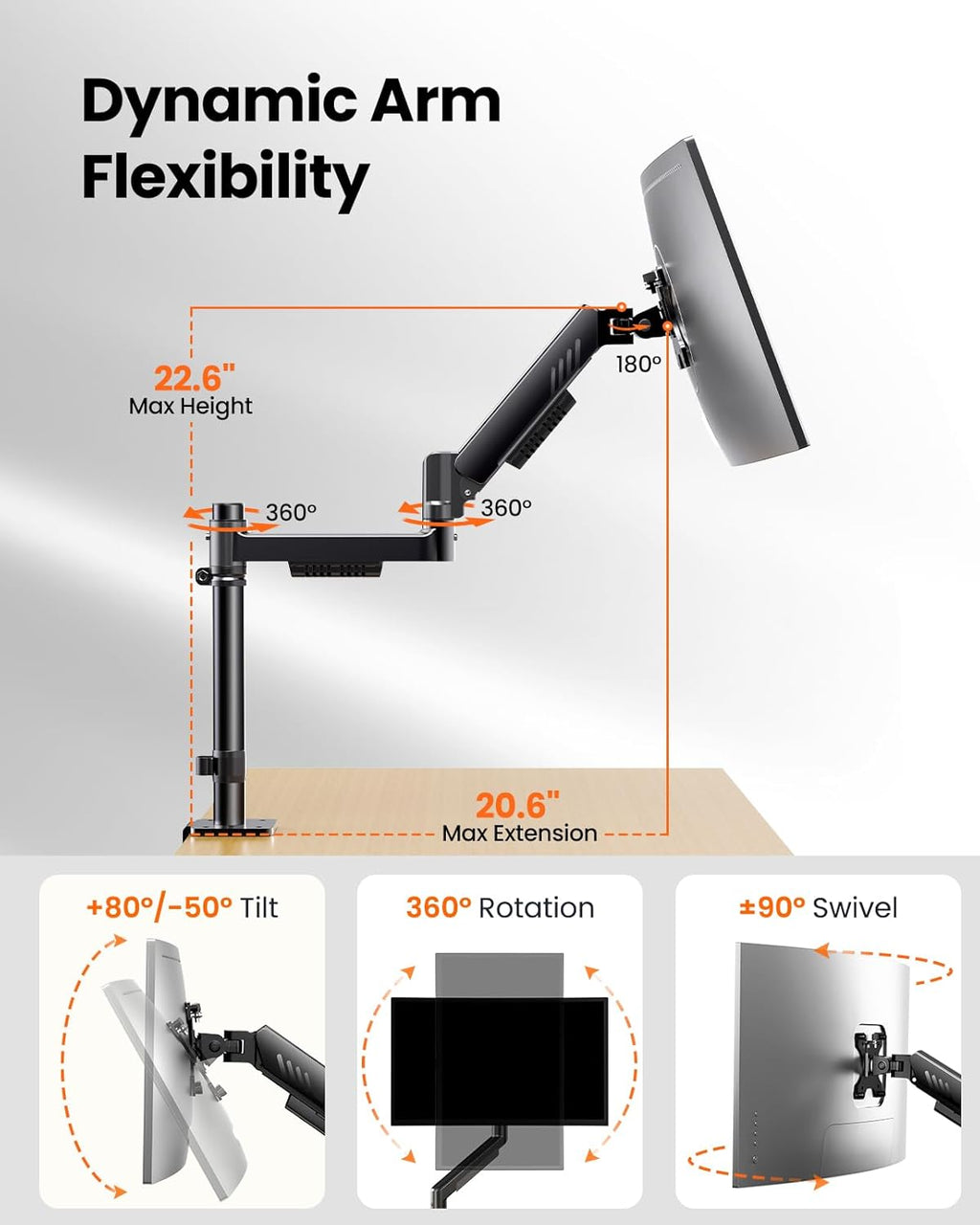 ErGear Single Monitor Arm, Adjustable Desk Gaming Monitor Mount for 13-34″ Screens, Up to 19.8 lbs, Enhanced Stability with Integrated C-Clamp, Upgraded Cable Management, VESA 75x75/100x100mm, Black
