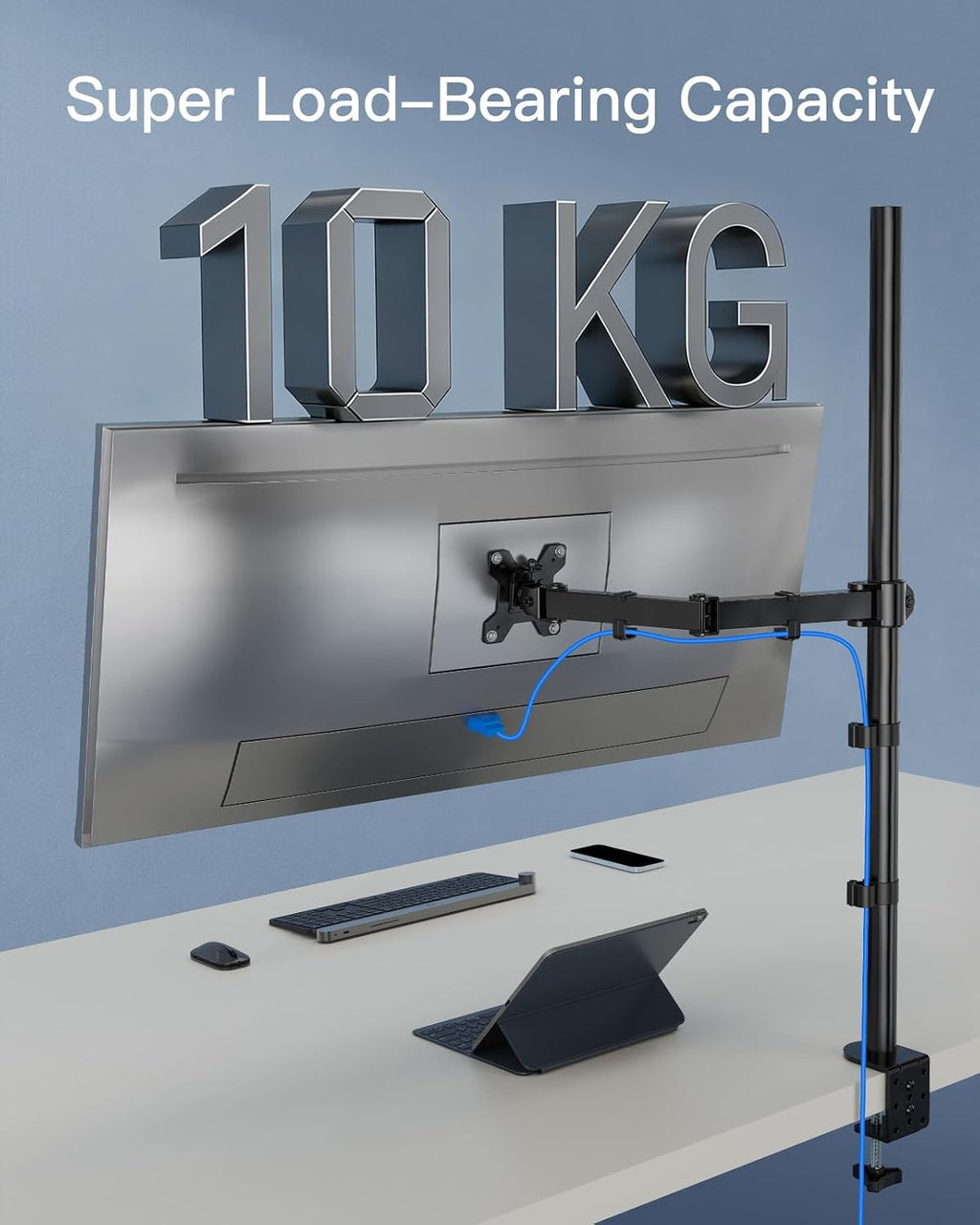 HUANUO Tall Monitor Arm Desk Mount, Adjustable Single Monitor Stand for 13-32" Screen, Ultra Wide Screen to 38 inch, Extra Tall VESA Mount Holds up to 10kg with C Clamp/Grommet Base