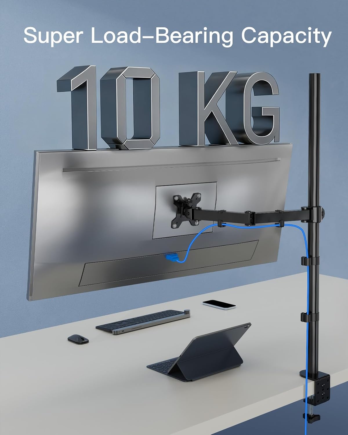 HUANUO Tall Monitor Arm Desk Mount, Adjustable Single Monitor Stand for 13-32" Screen, Ultra Wide Screen to 38 inch, Extra Tall VESA Mount Holds up to 10kg with C Clamp/Grommet Base