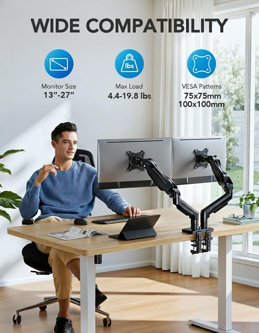 HUANUO Dual Monitor Stand, Fully Adjustable Gaming Monitor Desk Mount for 13–27″ Computer Screens, Full Motion VESA 75x75/100x100 with C-Clamp & Grommet Base, Each Arm Holds 4.4 to 19.8 lbs