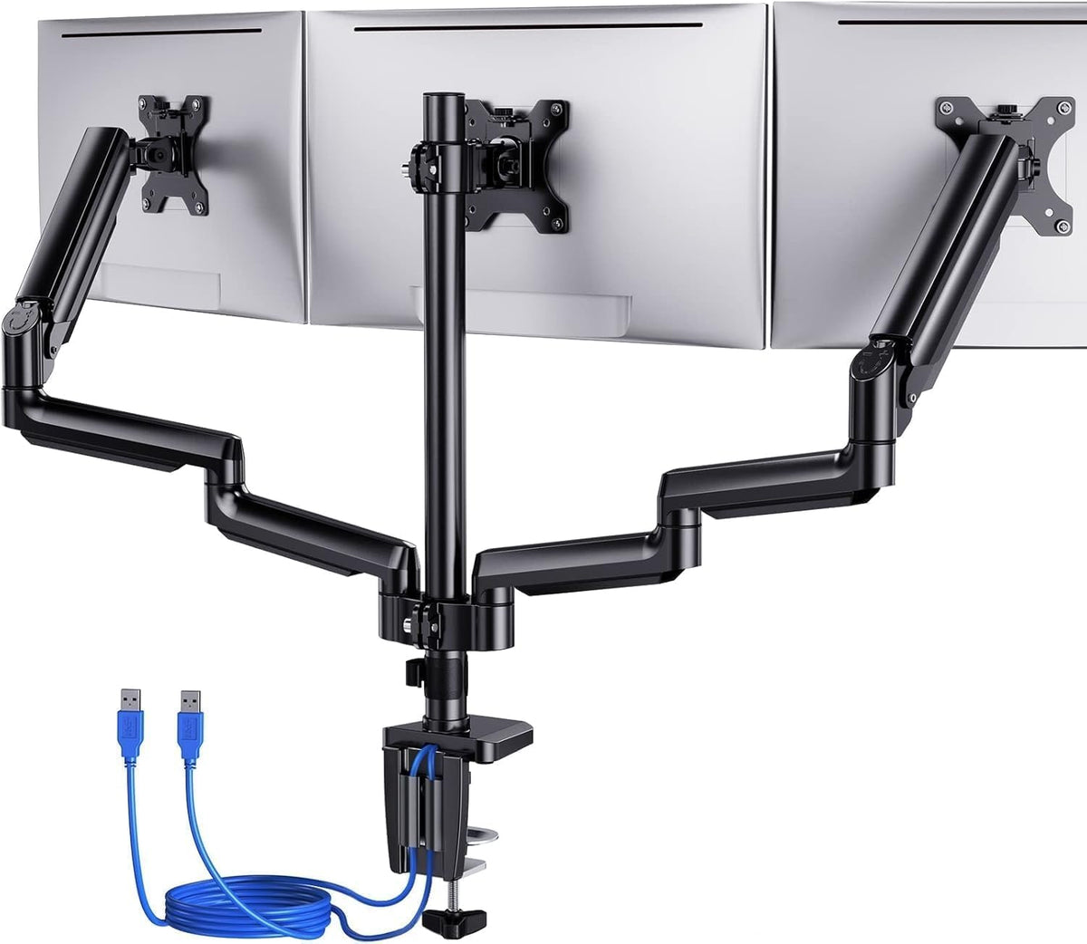 ErGear Monitor Halterung 3 Monitore für 13 bis 27 Zoll Bildschirme, Bildschirmhalterung 3 Monitore mit 2 USB-Anschlüssen; Jeder Monitorarm trägt max. 8kg, Gaming Monitorhaltrung mit VESA 75/100