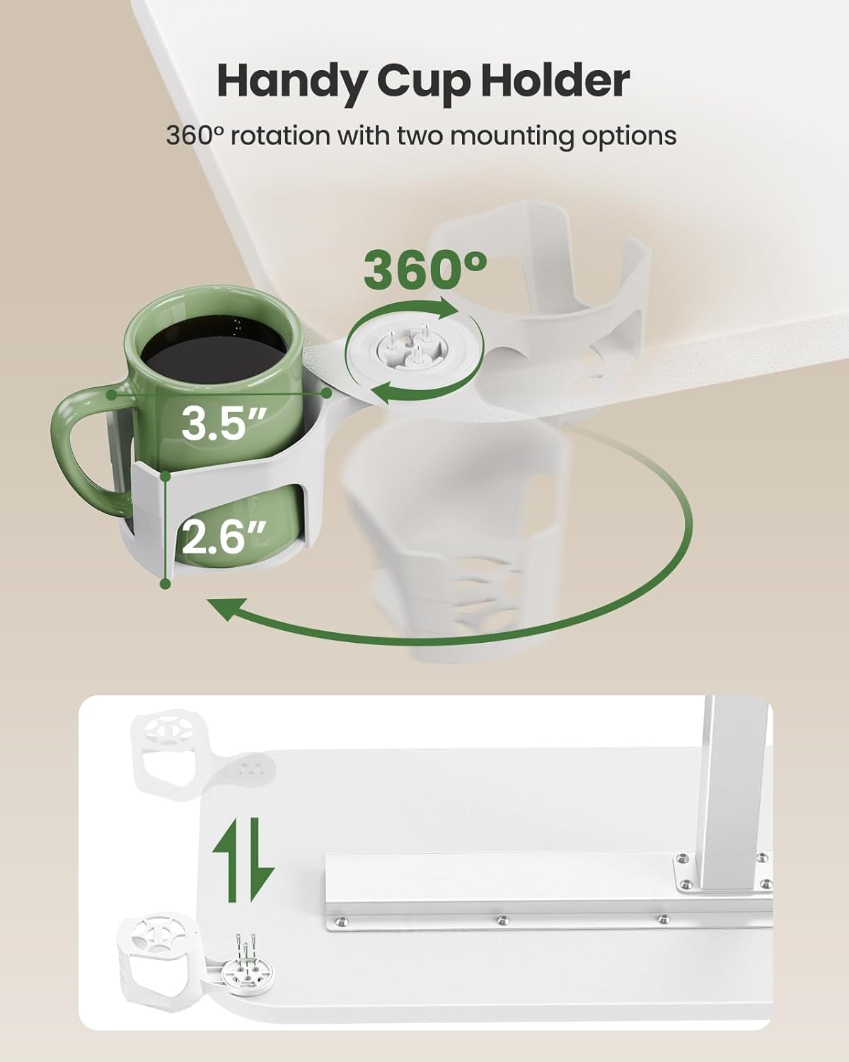 Marsail 28×16″ Overbed Table with Hidden Wheels, Pneumatic Adjustable Bedside Table, Mobile Rolling Table with 360° Hideable Cup Holder, White
