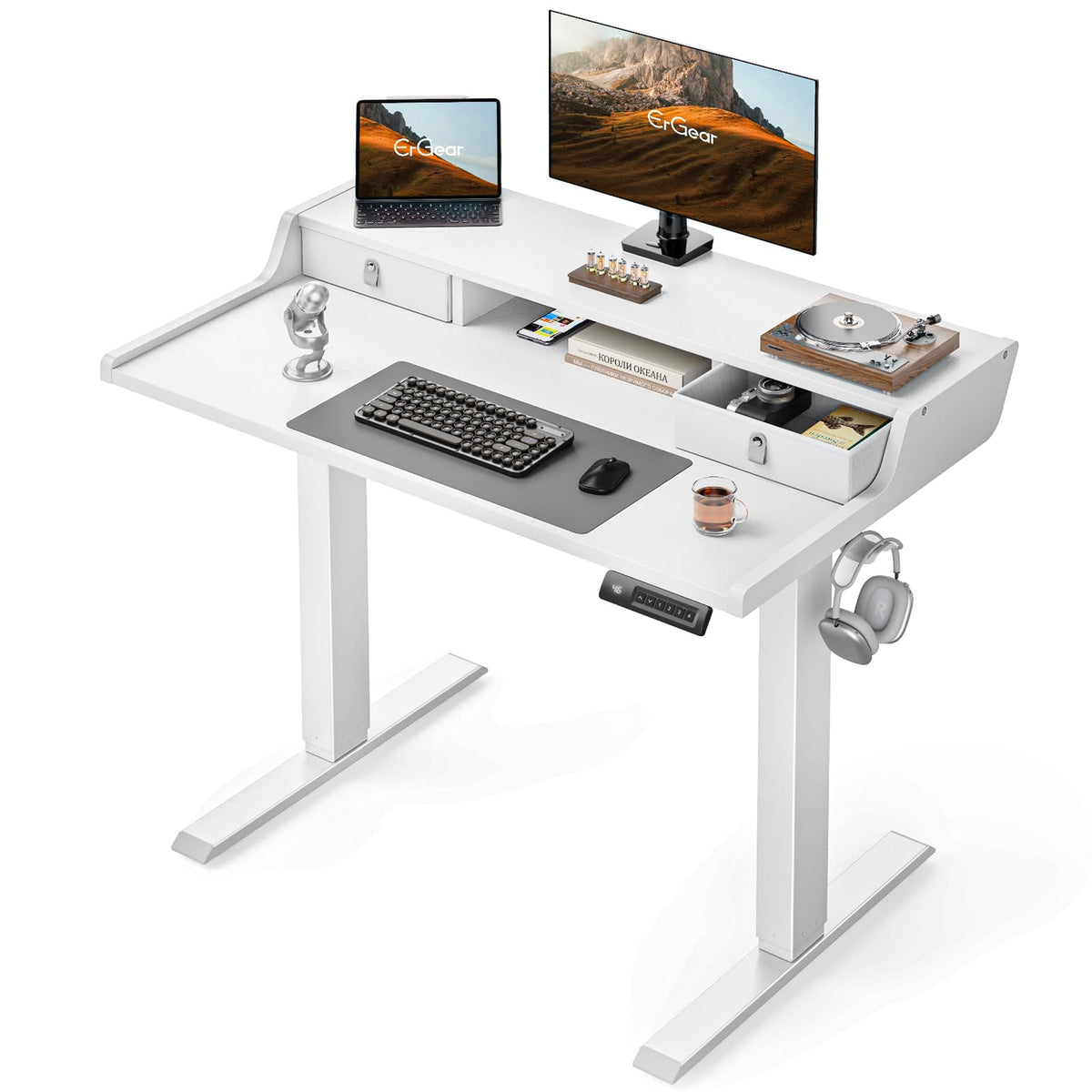ErGear Electric Standing Desk with Drawers, 63″ x 28″ Gaming Table Compatible Monitor Stand, Stand up Desks, Home Office Height-Adjustable Desk with Storage Shelf, 4 Preset Heights, Black