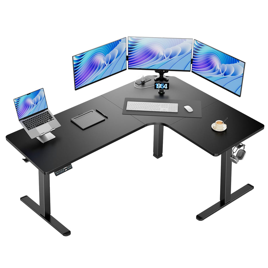 HUANUO 63″ L-Shaped Standing Desk, Built-in Power Outlets, Vintage Brown | 3 Memory Presets, Sturdy Steel Frame, 220 lbs Capacity, Large Power Strip Holder