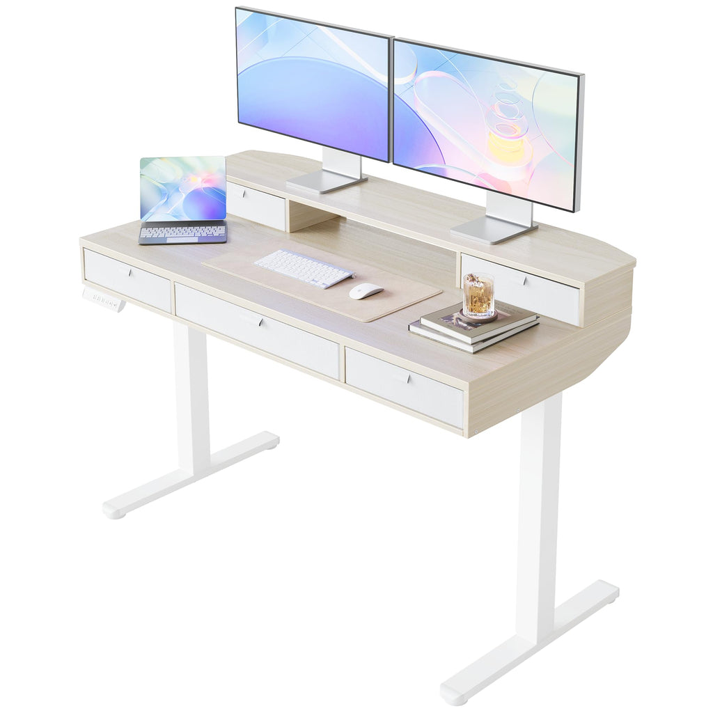 HUANUO 32 X 20 inch Electric Standing Desk with 4 Drawers, Adjustable Height Sit Stand Home Office Desk, C-Clamp Mount Compatible, Ergonomic Stand up Desk with 4 Preset Heights, Walnut