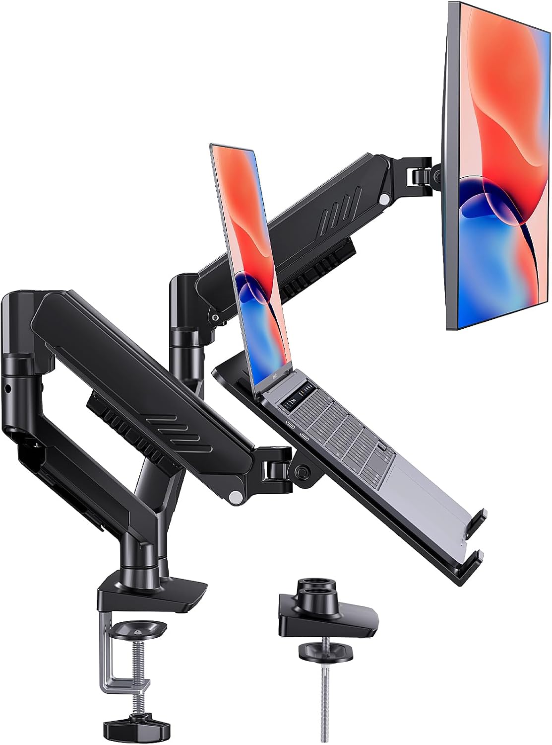HUANUO Dual Monitor Arm with Laptop Tray, 13-32" Monitor, 17" Laptops