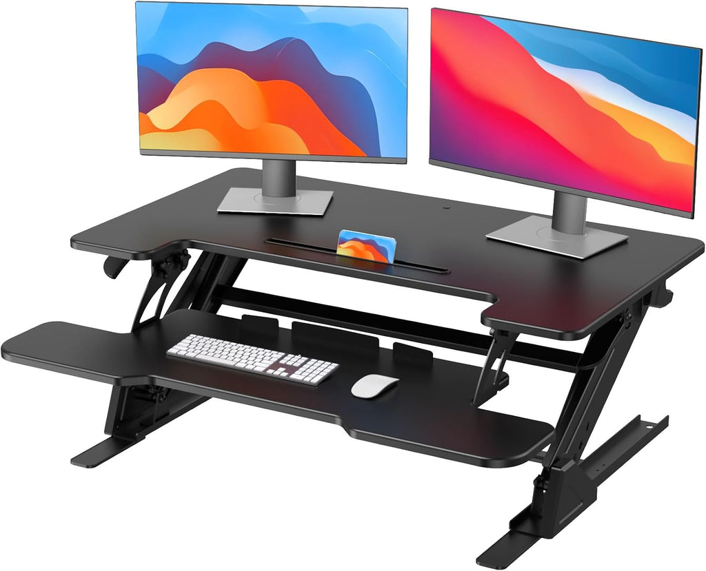 HUANUO 36" Z-Shaped Standing Desk Converter with Wide Keyboard Tray, Black | Dual Monitor Fit, Height Adjustable Sit Stand Up Desk Riser, Dual Gas Lift, Stable Z-Steel Frame, Unpack, Install Tray & Use