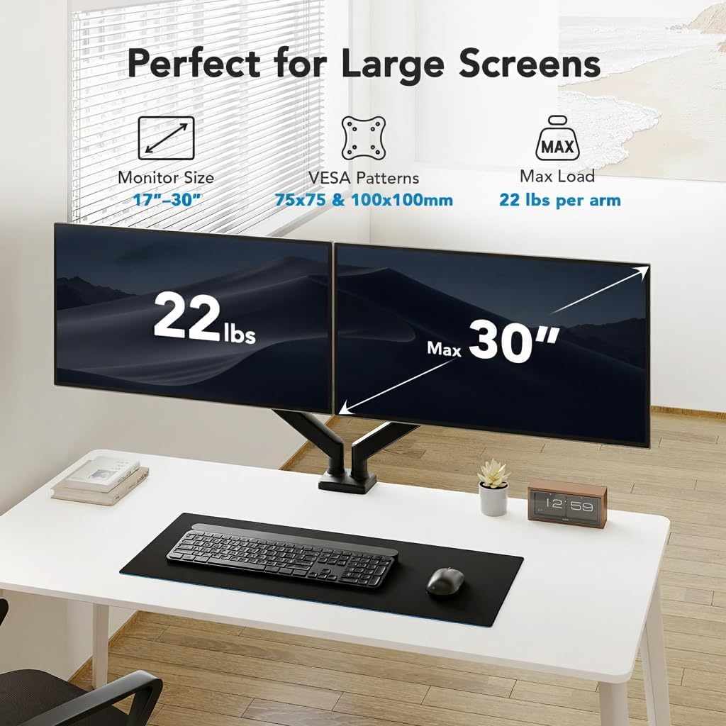 HUANUO Dual Monitor Mount for 2 Monitors up to 30 inches, Each Arm Holds Max 22lbs, Dual Monitor Stand with Advanced System, Height-Adjustable/Tilt/Swivel/Rotate, VESA Standard 75mm or 100mm
