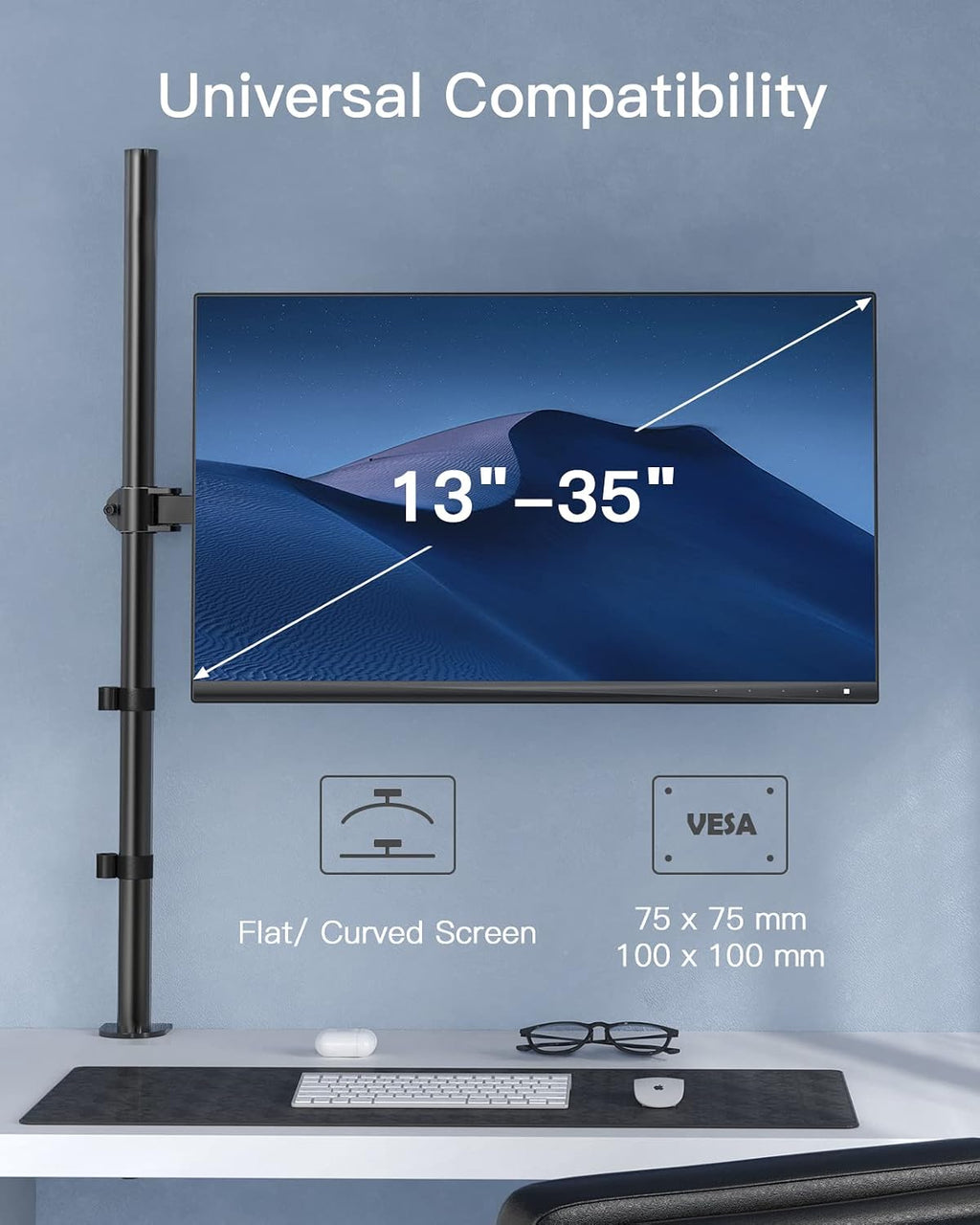 HUANUO Tall Monitor Arm Desk Mount, Adjustable Single Monitor Stand for 13-32" Screen, Ultra Wide Screen to 38 inch, Extra Tall VESA Mount Holds up to 10kg with C Clamp/Grommet Base