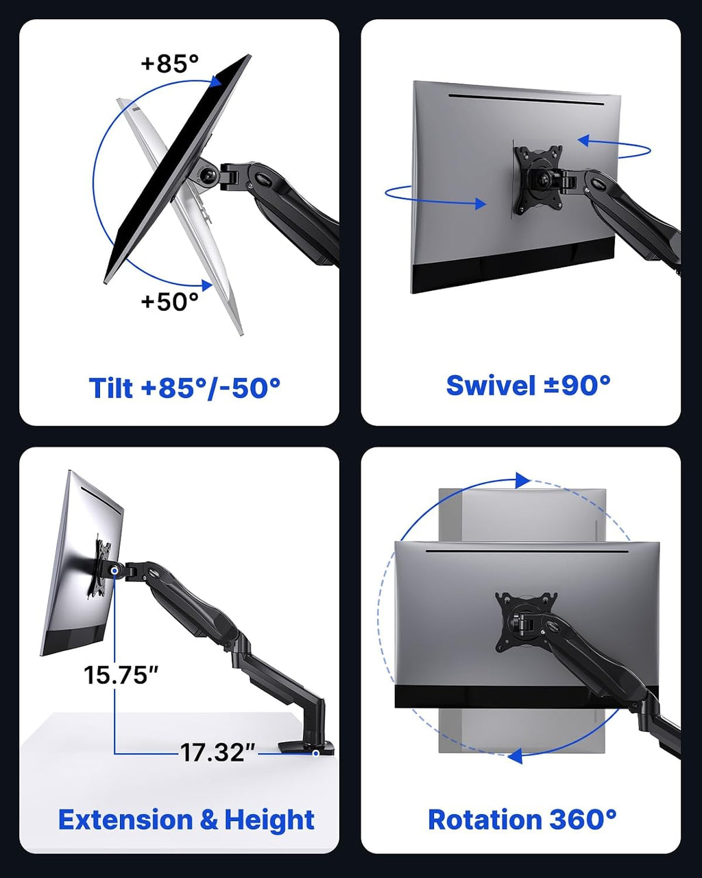 HUANUO FlowLift™ Single Monitor Mount, 13 to 32 Inch Monitor Arm, Adjustable Monitor Stand, Vesa Mount with Clamp and Grommet Base - Fits 4.4 to 19.8lbs LCD Computer Monitors