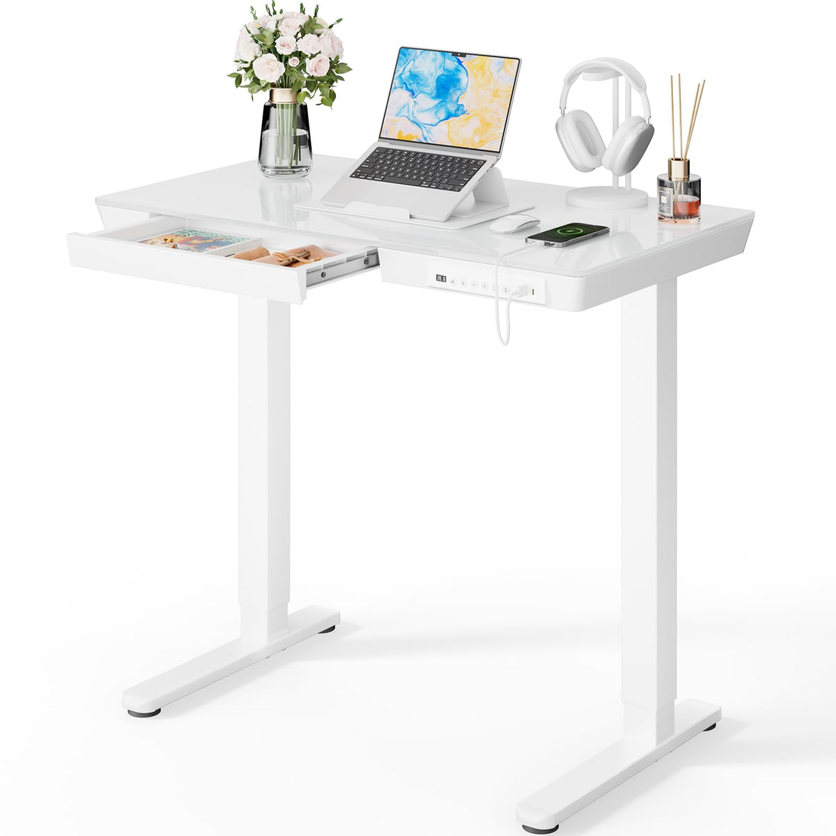 Marsail Glass Standing Desk with Drawer, 47.24 inch Electric Standing Desk, Height Adjustable Desk with One-Piece Tabletop & USB Charging Ports, Sit Stand Desk with Storage for Home & Office White
