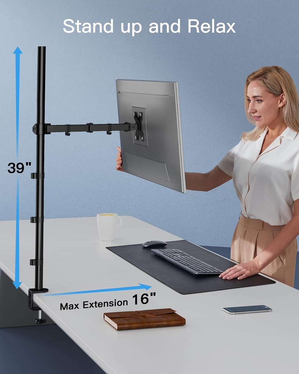 HUANUO Tall Monitor Arm Desk Mount, Adjustable Single Monitor Stand for 13-32" Screen, Ultra Wide Screen to 38 inch, Extra Tall VESA Mount Holds up to 10kg with C Clamp/Grommet Base