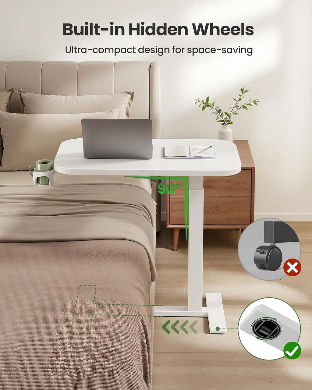 Marsail 28×16″ Overbed Table with Hidden Wheels, Pneumatic Adjustable Bedside Table, Mobile Rolling Table with 360° Hideable Cup Holder, White