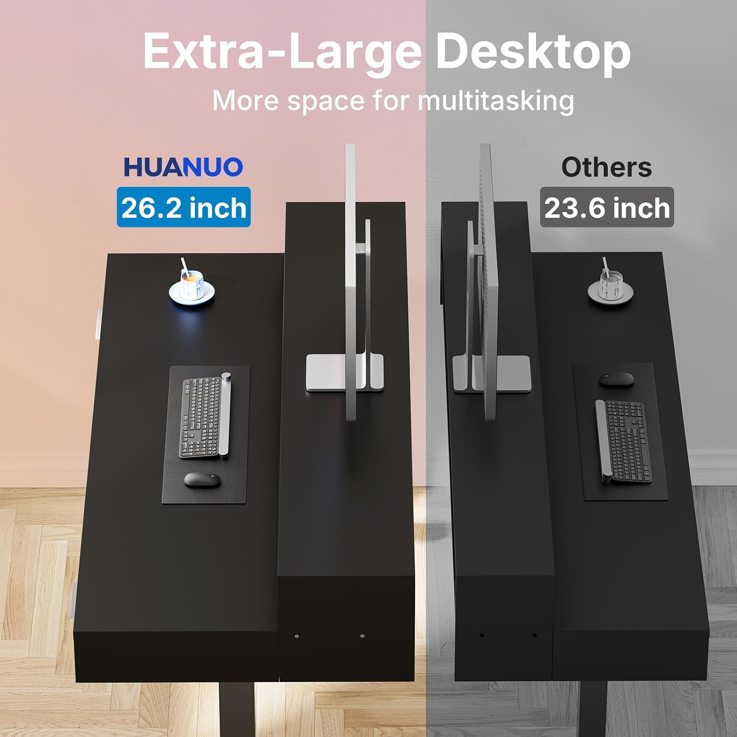 HUANUO 48″ X 26″ Electric Standing Desk with 2 Drawers &24.4″ Large Keyboard Tray, C-Clamp Mount Compatible, Adjustable Computer Desk for Office, Sit Stand Up Desk with 4 Height Presets, Black