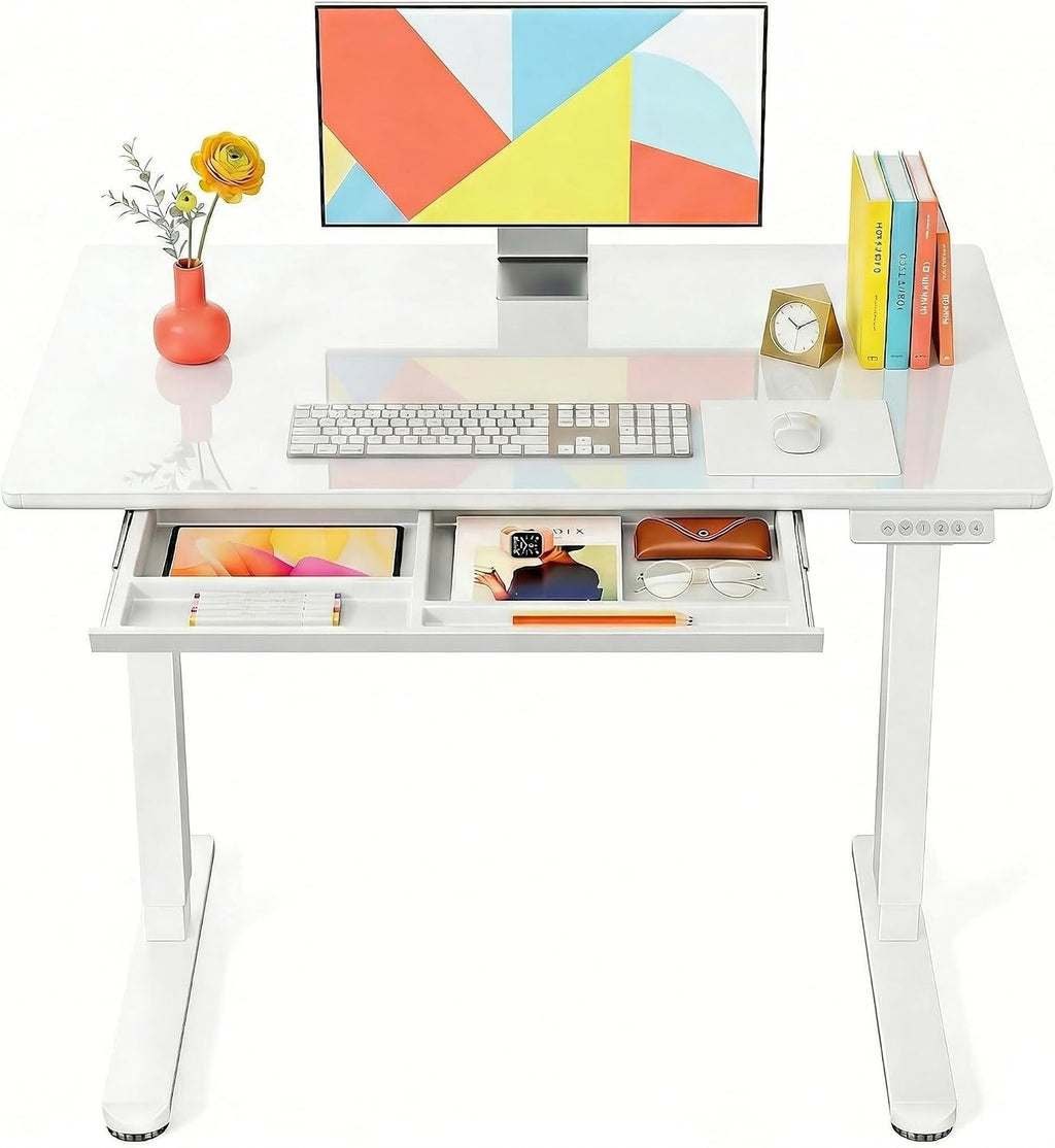 Marsail 37 x 22 inch Glass Standing Desk with 4-Zone Drawer Storage, White