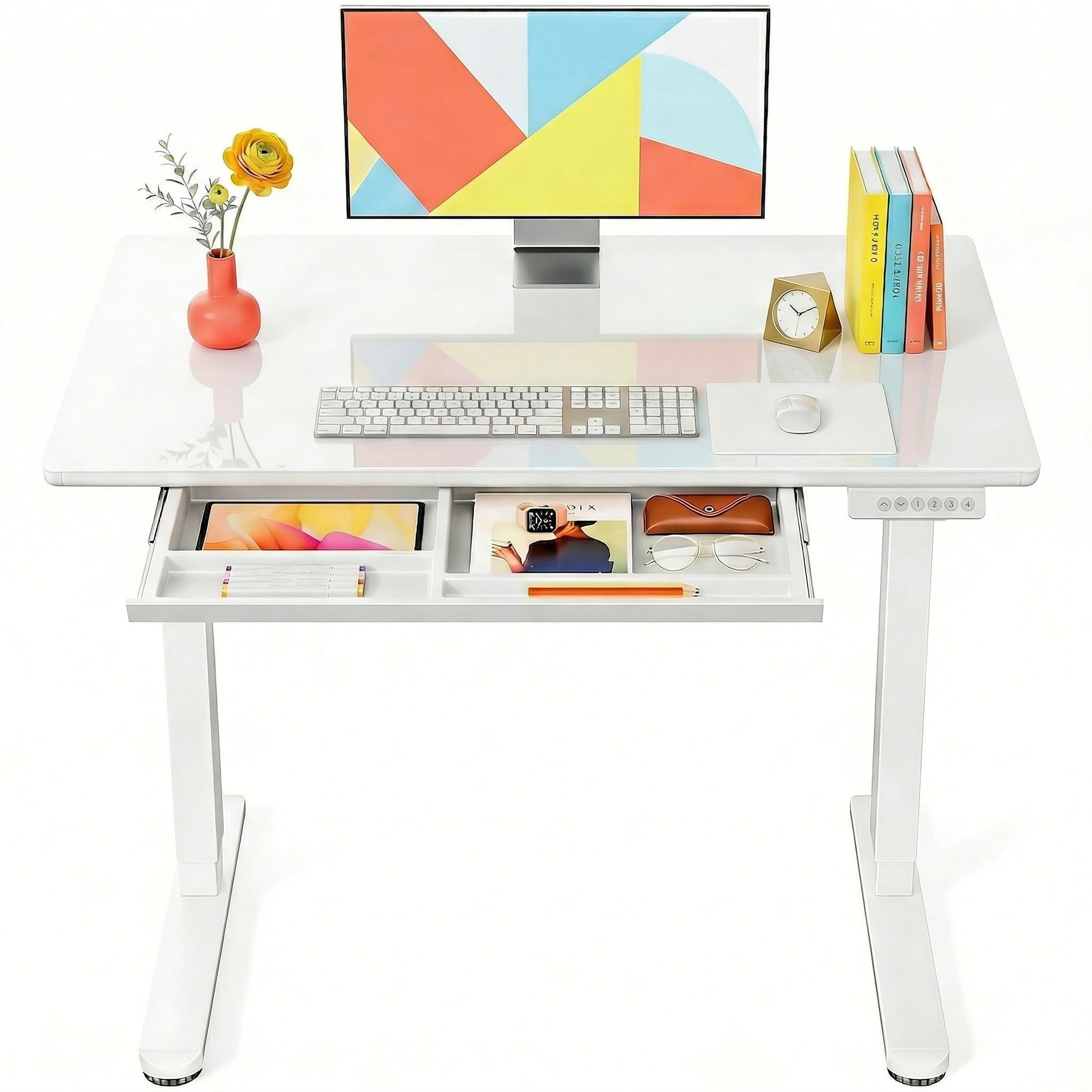 Marsail 55 x 28 inch Glass Standing Desk with 4-Zone Drawer Storage, White | 28.3–46.5 Inch Height Range, One-piece Tempered Glass top, 4 Preset Heights, Sit Stand Design, Ergonomic Home Office Desk