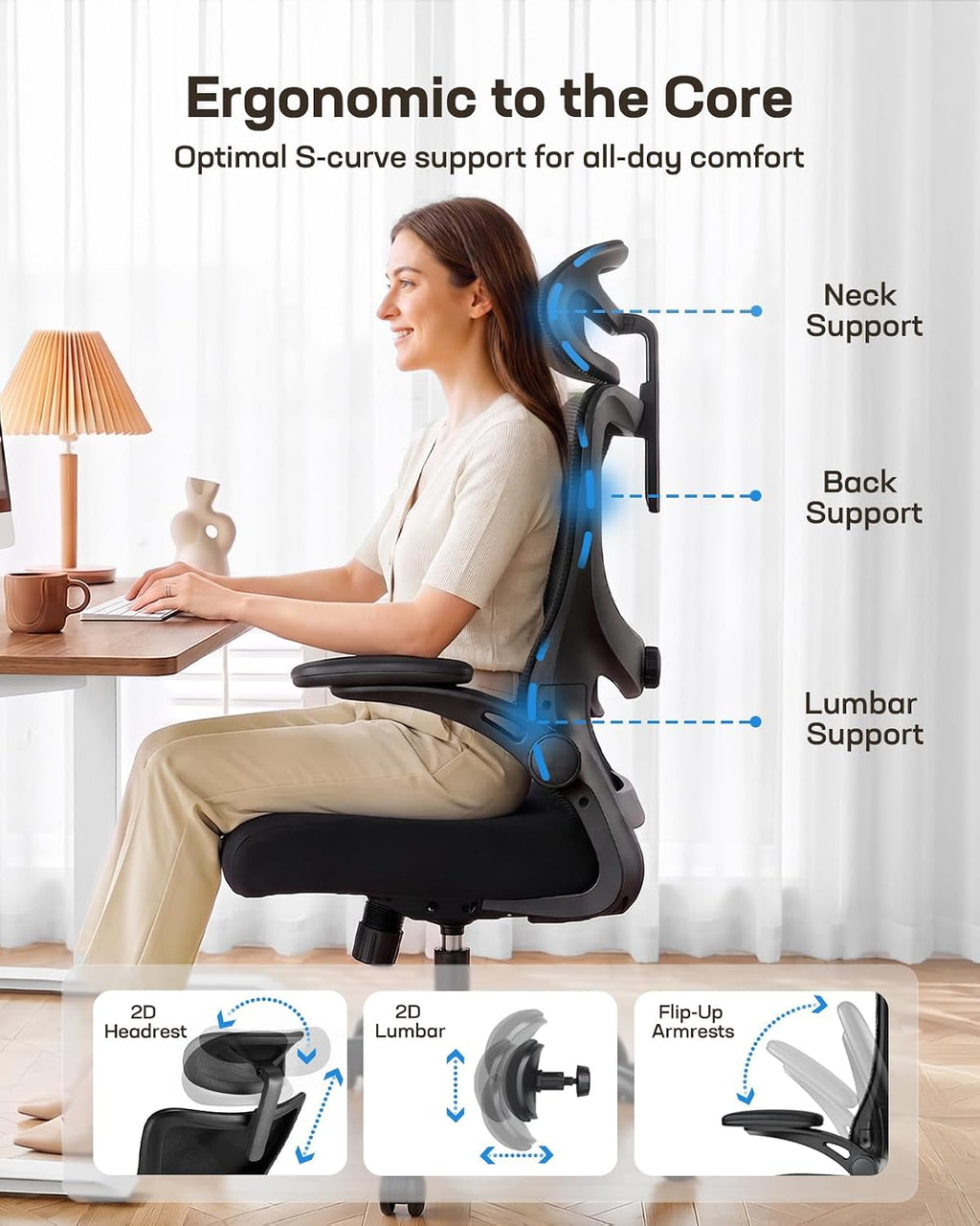 HUANUO Ergonomic Office Chair with 3D Armrests and Lumbar Support
