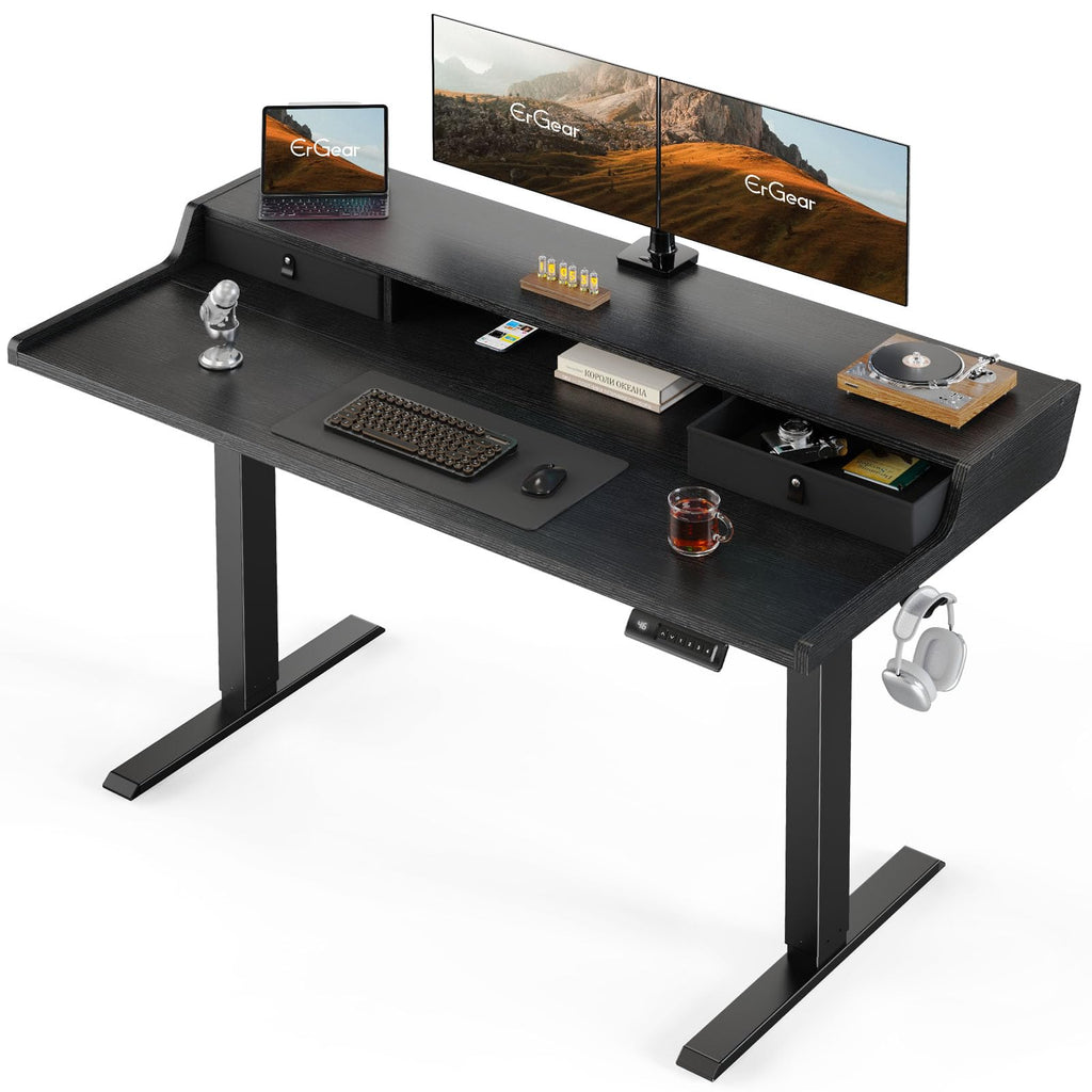 ErGear Electric Standing Desk with Drawers, 63″ x 28″ Gaming Table Compatible Monitor Stand, Stand up Desks, Home Office Height-Adjustable Desk with Storage Shelf, 4 Preset Heights, Black